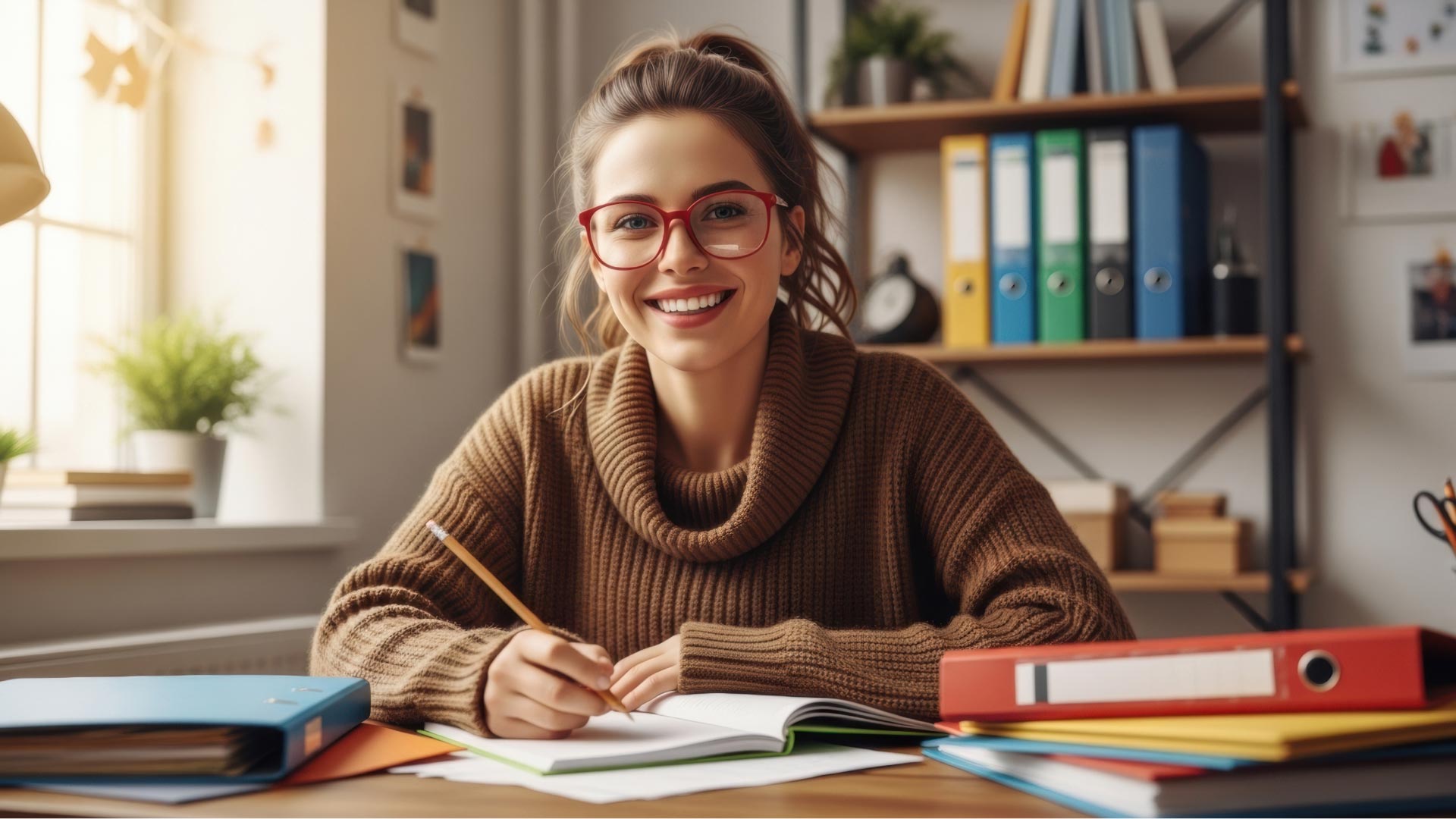 A lady sat at a home desk, smiling, whilst filling out documents