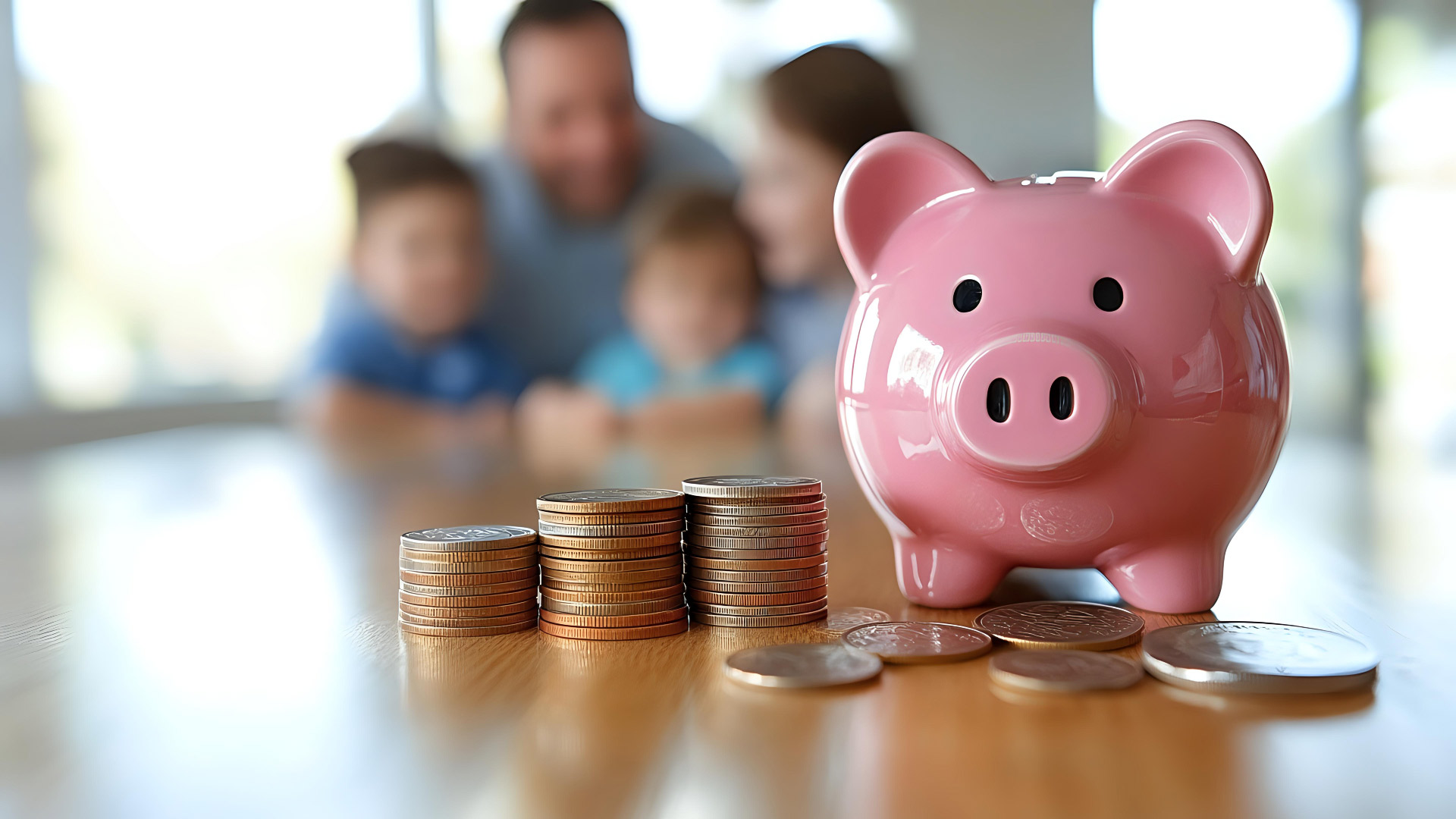 A piggy bank with a family in the background