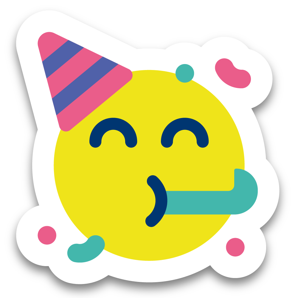 An emoji image of someone wearing a party hat
