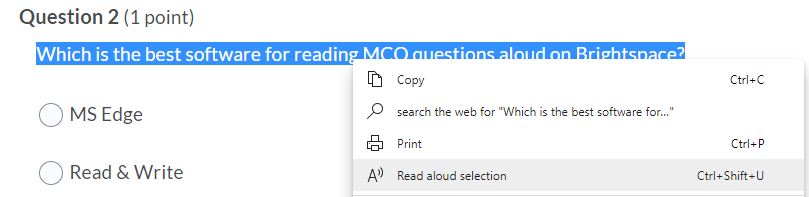 Brightspace - screenshot of read aloud selection