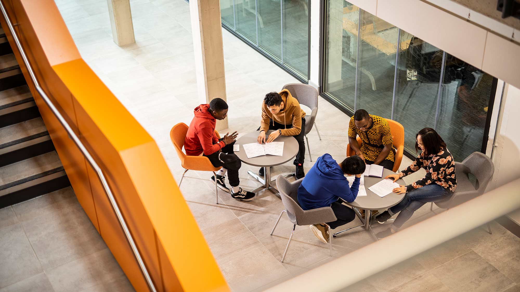 A group of international students sit together in the University's Joseph Priestley Building - home to applied sciences at the University. 