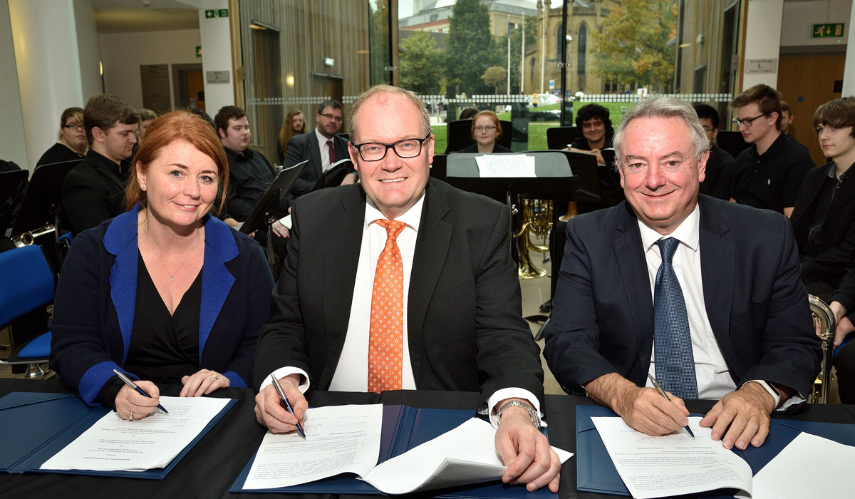 Signing the Memorandum of Understanding (l-r) CEO of Kirklees Council Jacqui Gedman, Arts Council England Chief Executive Darren Henley and the University’s Vice Chancellor, Professor Bob Cryan