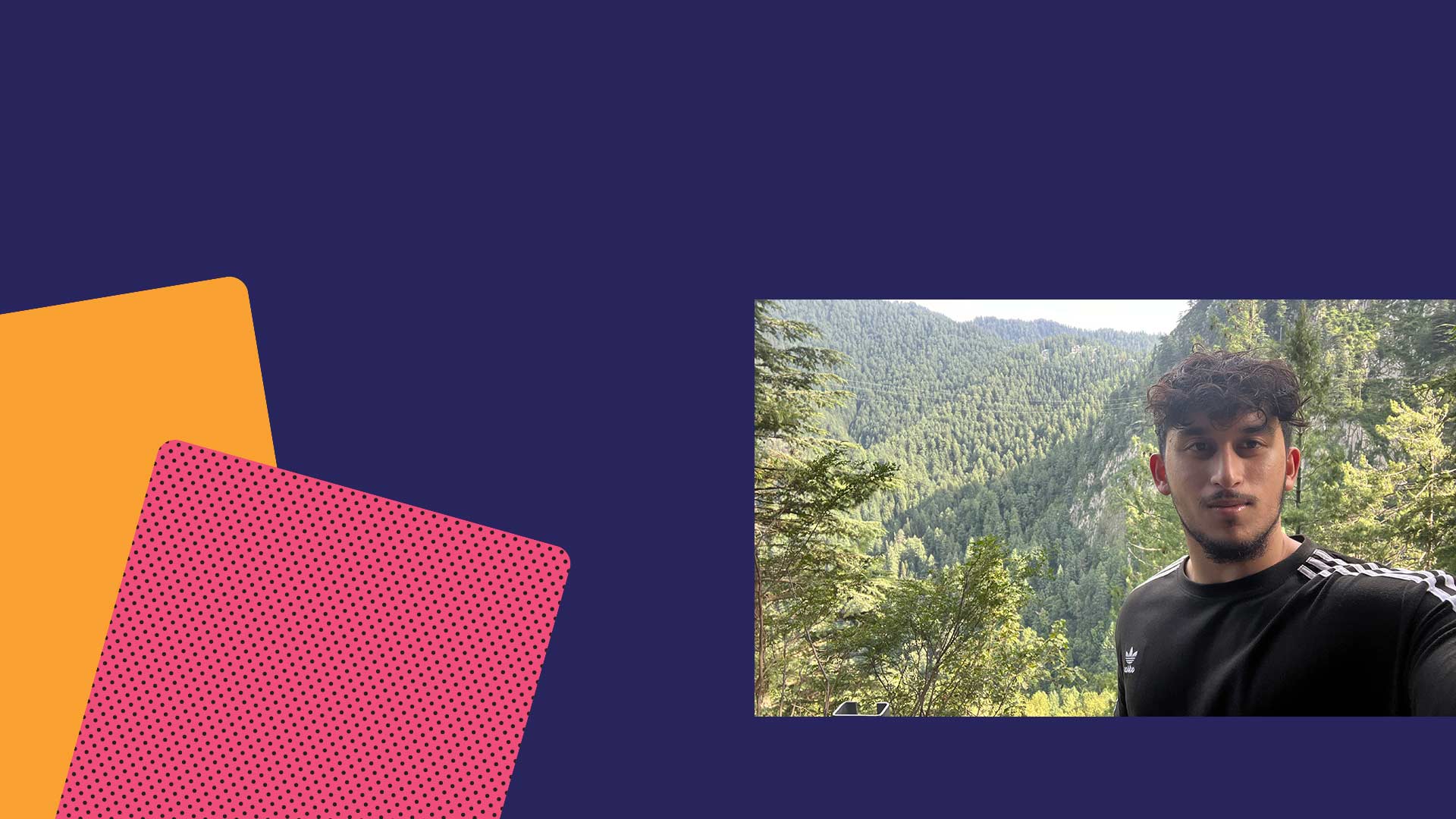 An blue image header with two colourful rectangular shapes at the bottom left hand side and a picture of student Abdul Faruqui on the right hand side.